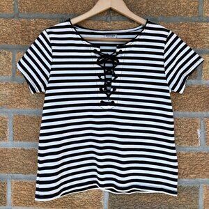 Mother Womens Lace Up V-Neck Striped Short Sleeve T-Shirt Black White Size S